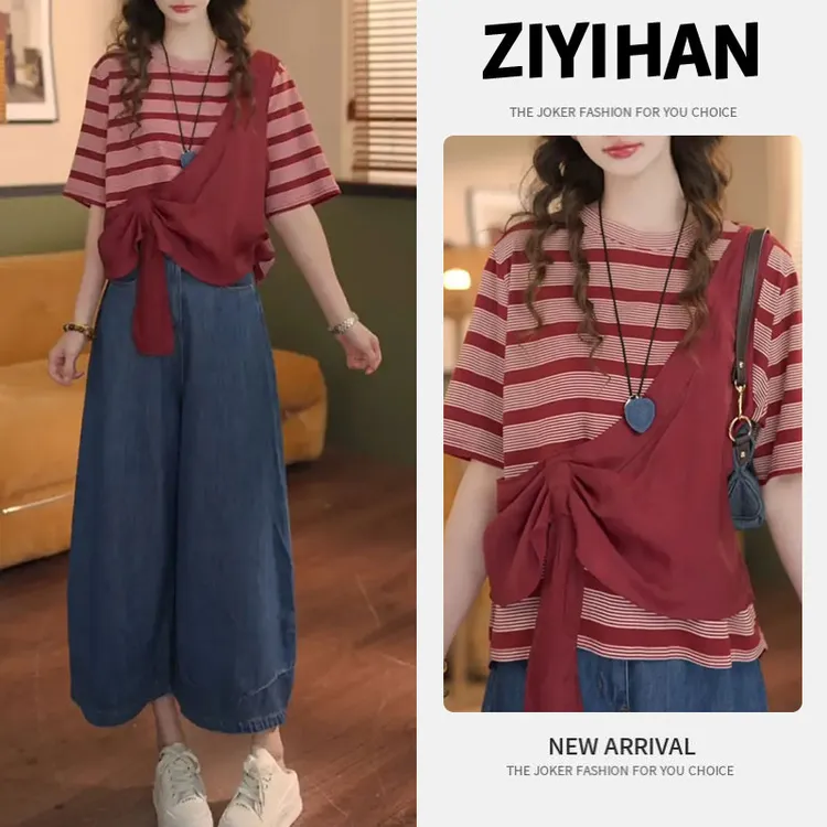 复古暗红假两件短袖T恤上衣女士2025夏季新款气质休闲裤时尚套装