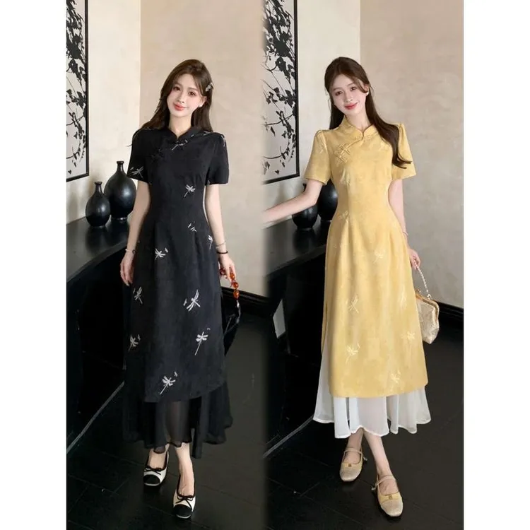 2025大码女装夏新款百搭显瘦遮肉新中式国风改良旗袍假两件连衣裙