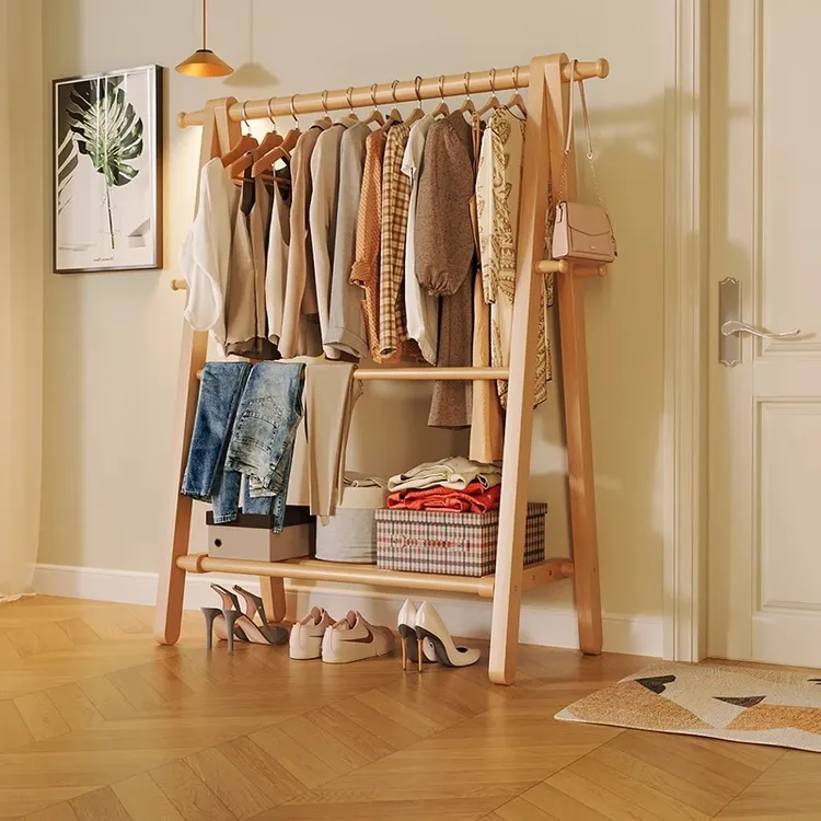 进口榉木衣帽架家用卧室立式挂衣架轻奢晾衣架玄关落地衣帽架置物