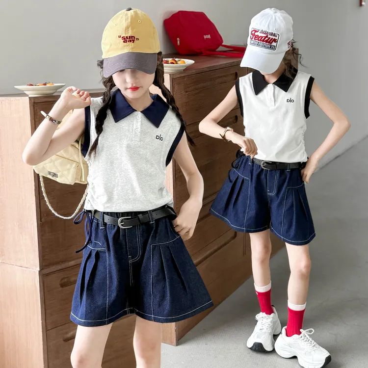 女童夏装套装plol无袖上衣牛仔短裙裤中大童女孩无袖牛仔短裤百搭