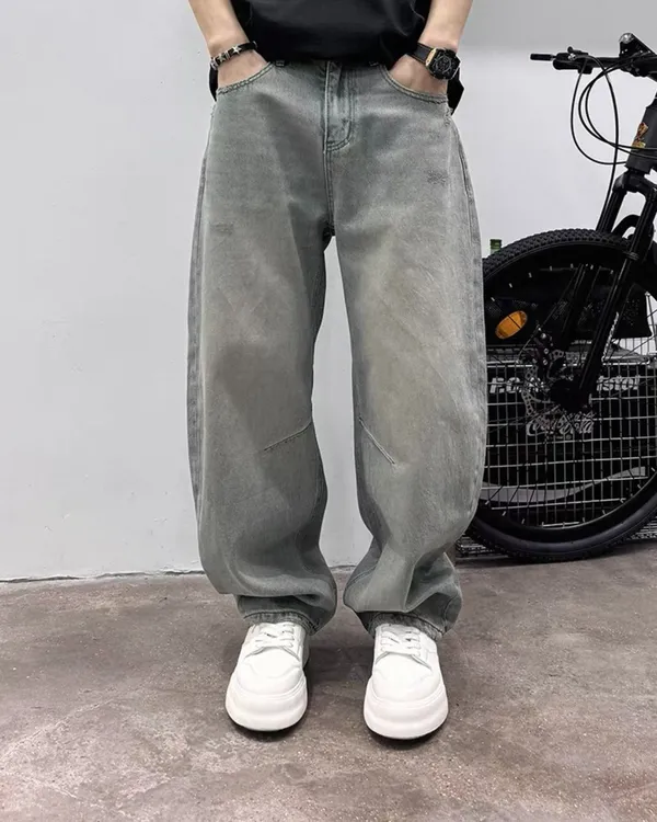 【QIGENIUZAI】秋季上新设计感美式复古做旧水洗弯刀阔腿牛仔裤男生