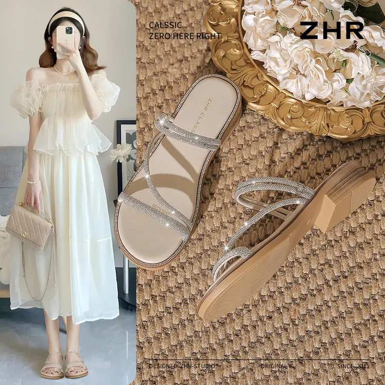 ZHR则则两穿水钻一字凉鞋女2025夏季新款百搭平底拖鞋外穿凉拖鞋