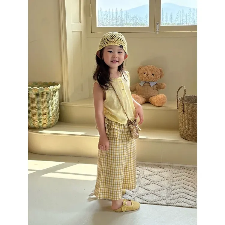 女童针织背心套装2025夏装儿童韩版格子阔腿裤两件套女宝洋气时髦