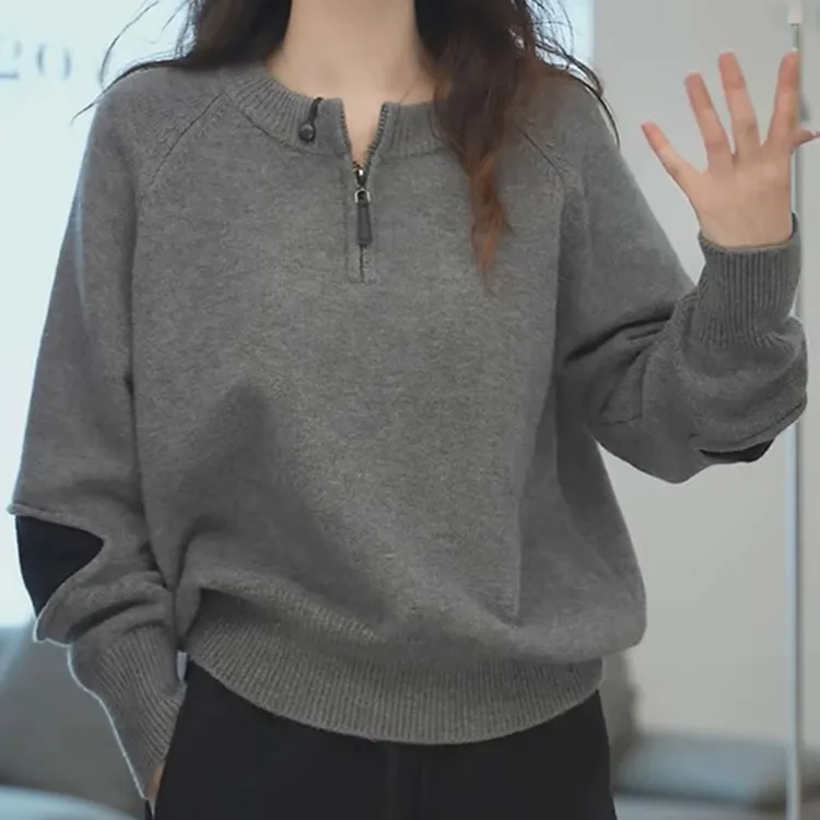 欧洲站长袖撞色拼接半拉链毛衣内搭女秋冬新款高级感宽松针织上衣