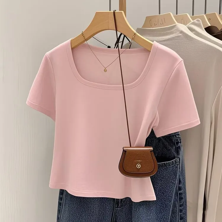 设计感修身显瘦洋气T恤设计感方领简约纯色短款短袖高腰百搭上衣