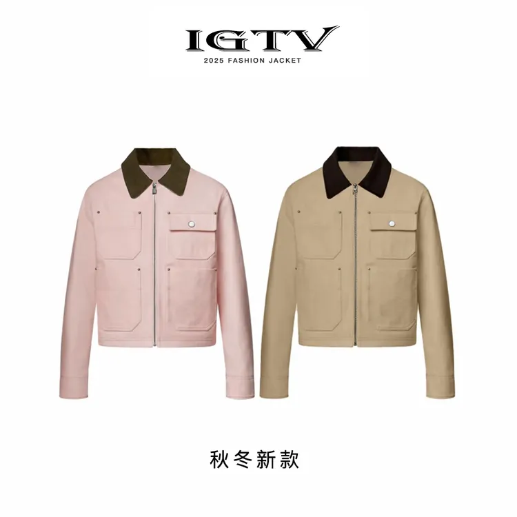 IGTV“驴家"严导同款翻领罗纹新贵老钱长袖拉链工装夹克外套