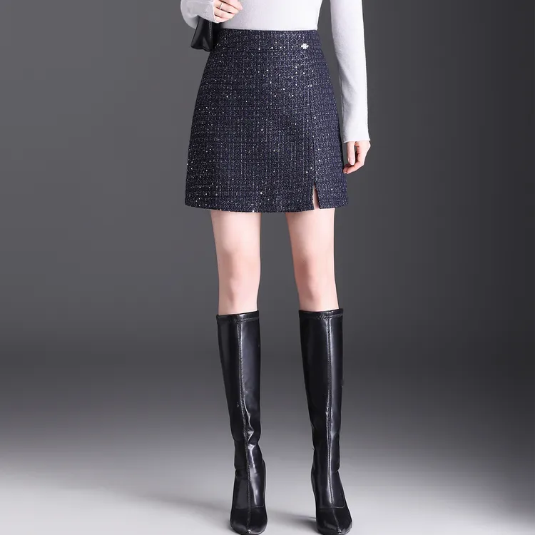 小香风亮短裙半身裙女2025秋季新款高腰A字裙休闲显瘦包臀一步裙 