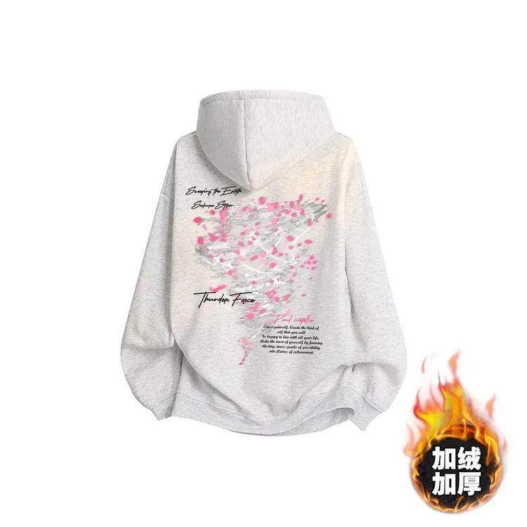 秋冬季新款国潮樱花风暴季风男气候印花加绒加厚男士连帽卫衣