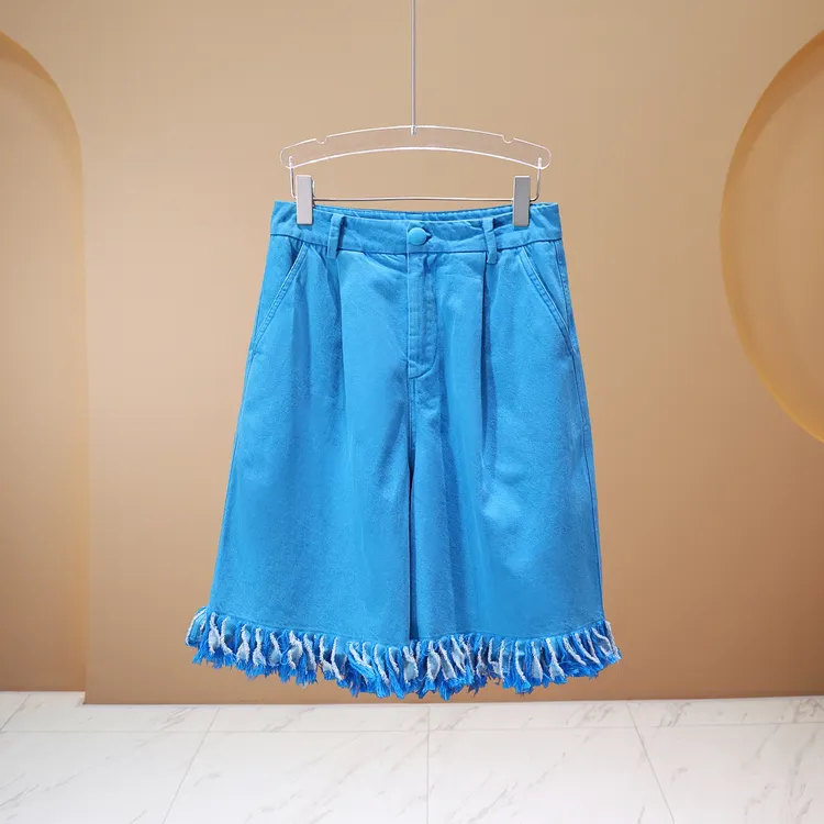 【亮哥女装】2025夏《浮碧裾》轻薄清新蓝透气流苏牛仔短裤7716A