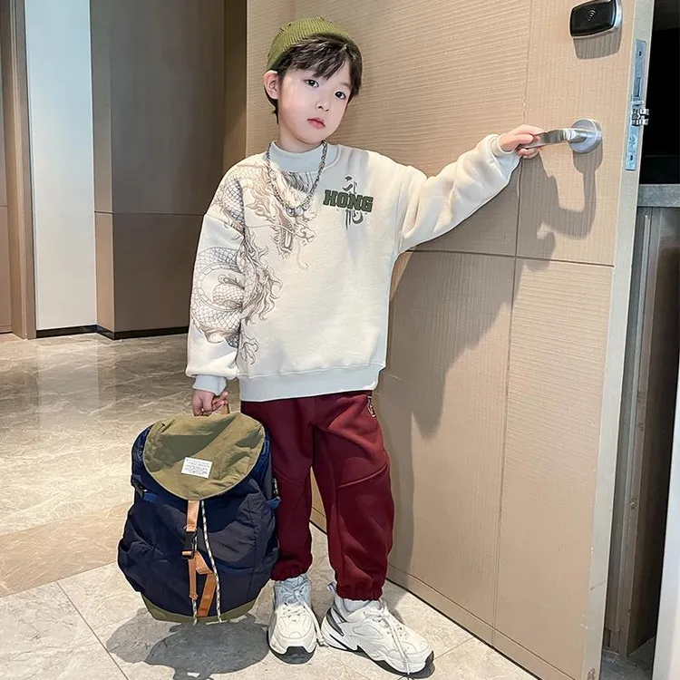 MK&UR.BV男童加绒加厚红色马年套装秋冬款本命年卫衣过年新年冬季