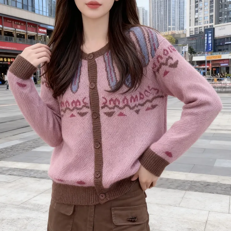 洋气氛围感提花长袖圆领针织开衫女2025新款秋冬气质减龄显瘦上衣