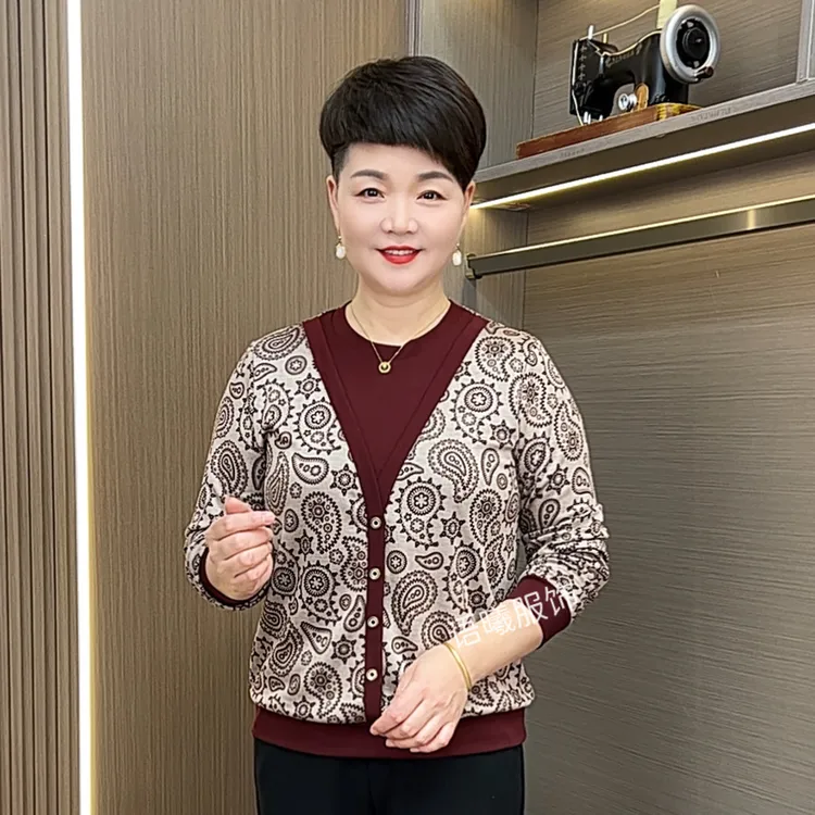 秋季圆领时尚常规款假两件中老年女装休闲风长袖小衫F6632