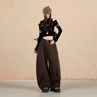 2059秋季新款复古老钱风高腰显瘦工装休闲裤女宽松直筒阔腿弯刀裤