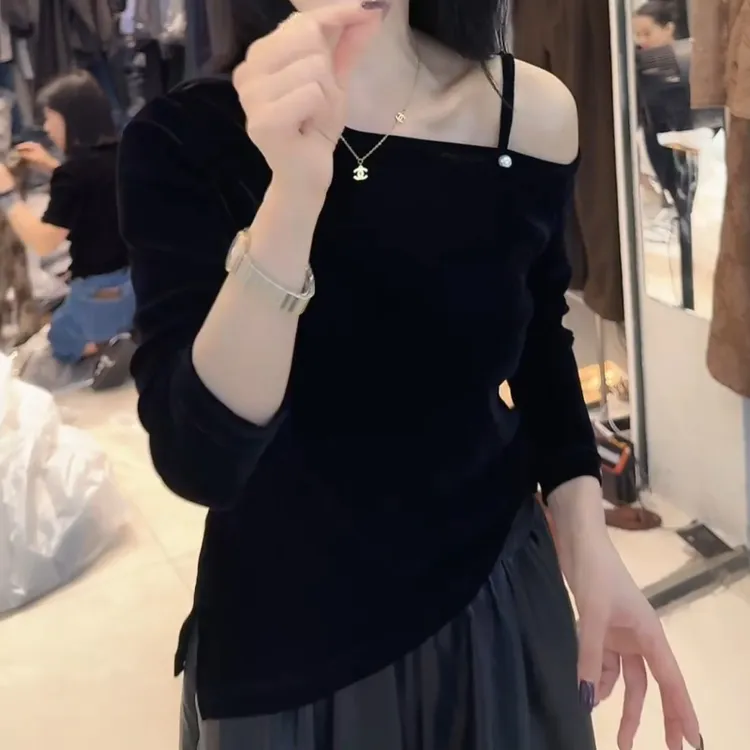 韩系百搭新款设计感休闲气质显瘦斜肩T恤上衣LK2505827