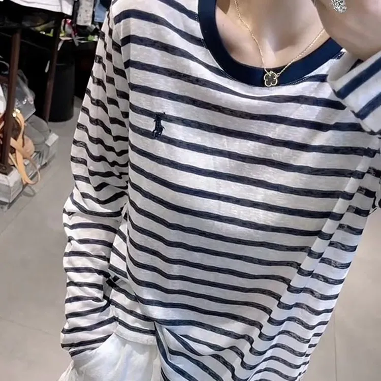高级感慵懒风长袖t恤条纹上衣女2025年秋季薄款防晒内搭打底上衣