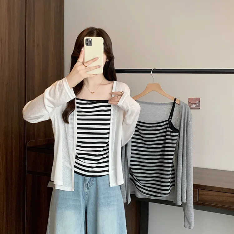 秋装新款胖mm大码女时尚休闲吊带条纹背心针织衫外套套装 A2189