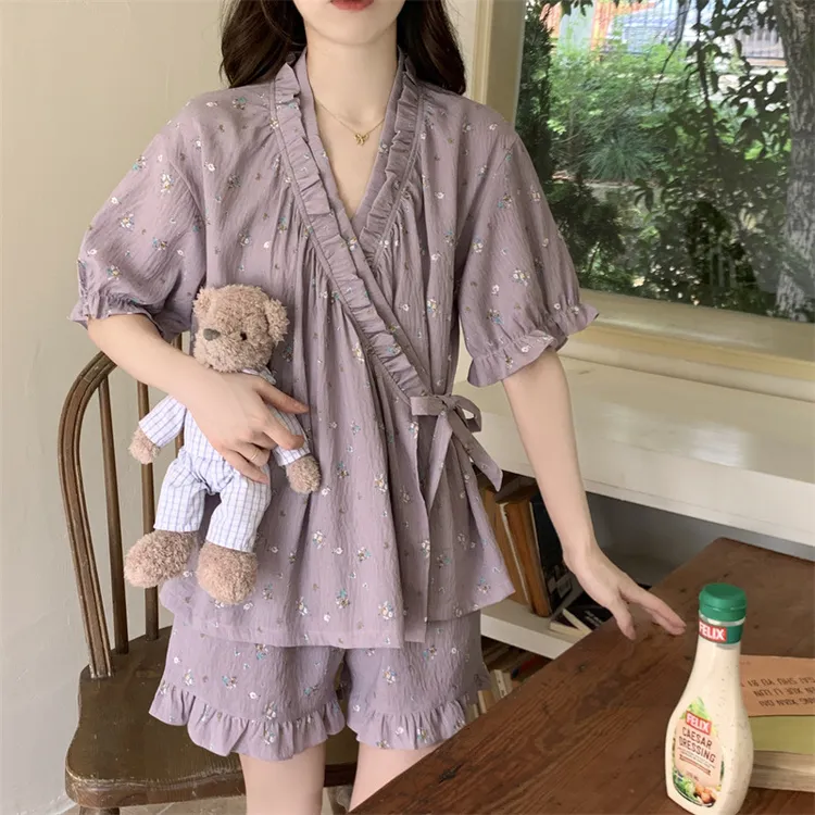 小清新可爱睡衣女夏季V领开衫短袖短裤甜美少女家居服和服女套装