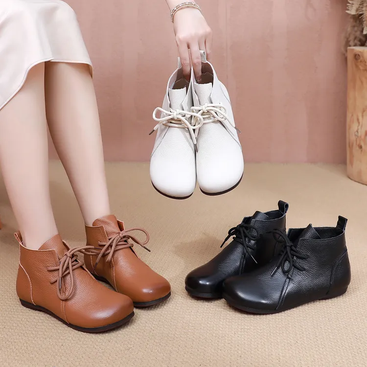 头层牛皮复古短靴单靴软面软底舒适妈妈鞋防滑平底中年女靴皮靴