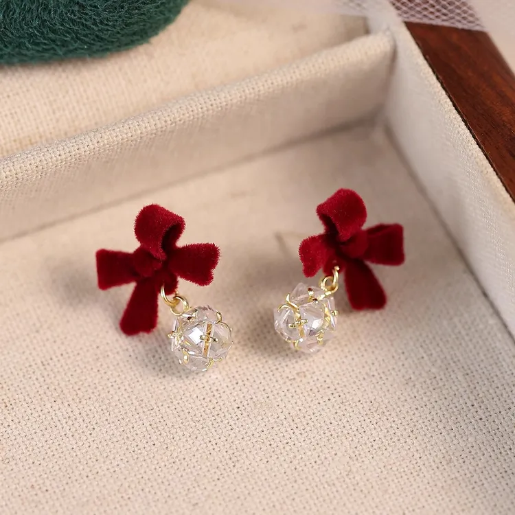 铜合金耳饰 925银针红色蝴蝶结锆石耳环女高级感气质百搭耳钉耳饰