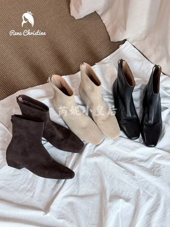 ReneChristine|3cm|秋冬新款瘦瘦靴显脚小短靴平跟方头保暖女靴