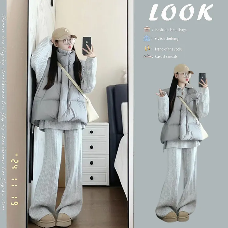韩系秋冬穿搭女2025新款休闲保暖棉服马甲针织衫休闲裤三件套装潮