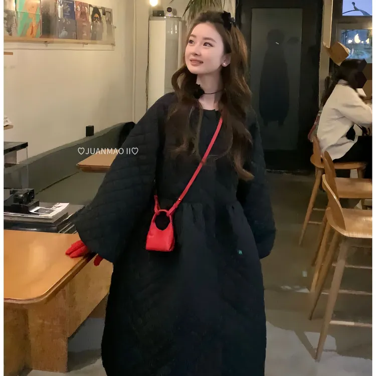【塞纳河畔】黑色夹棉棉服连衣裙外套女2024冬季新款甜美减龄宽松