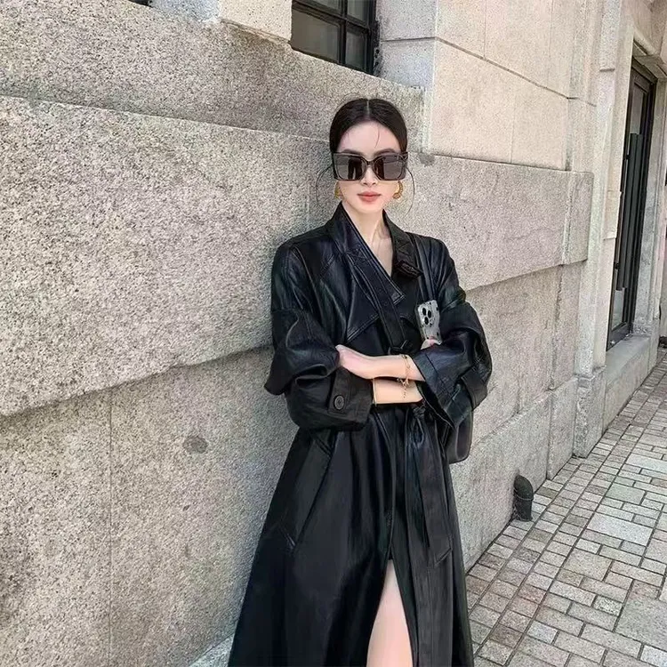 常规时尚系带宽松中长款气质轻职风长款皮衣秋冬水洗