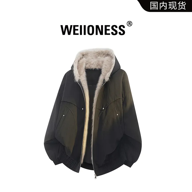 WEIIONESS美式时尚棉衣男士秋冬高级感毛领保暖外套轻奢复古男装