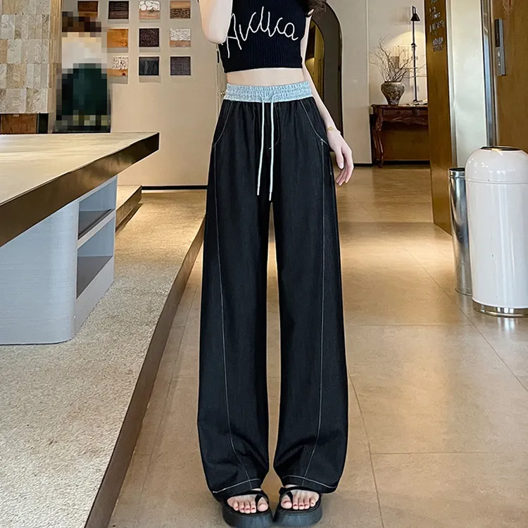 夏季新款牛仔裤女薄款大码宽松阔腿裤高腰垂坠感休闲裤镰刀拖地裤