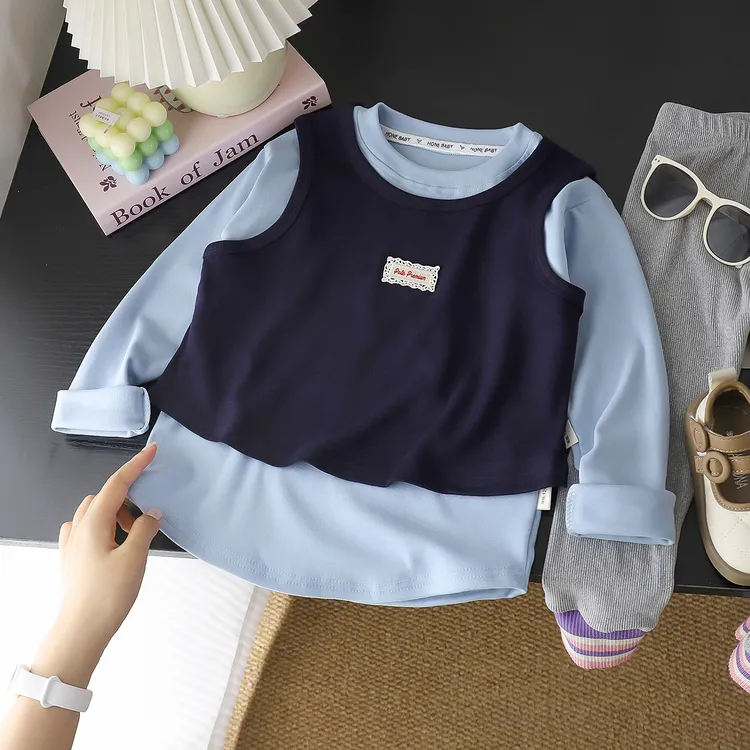 儿童春秋款背心打底衫两件套撞色韩版休闲百搭女童时尚长袖上衣