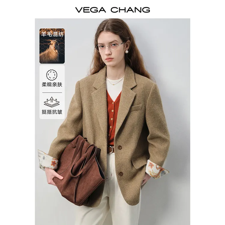 VEGACHANG【驼棕格调】西装外套女2025新款秋冬复古毛呢外套0343XT