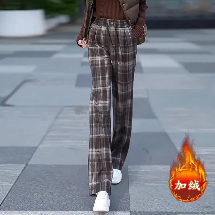 拉夏贝尔高级感加绒窄版阔腿裤女秋冬2025新款宽松百搭格子休闲裤