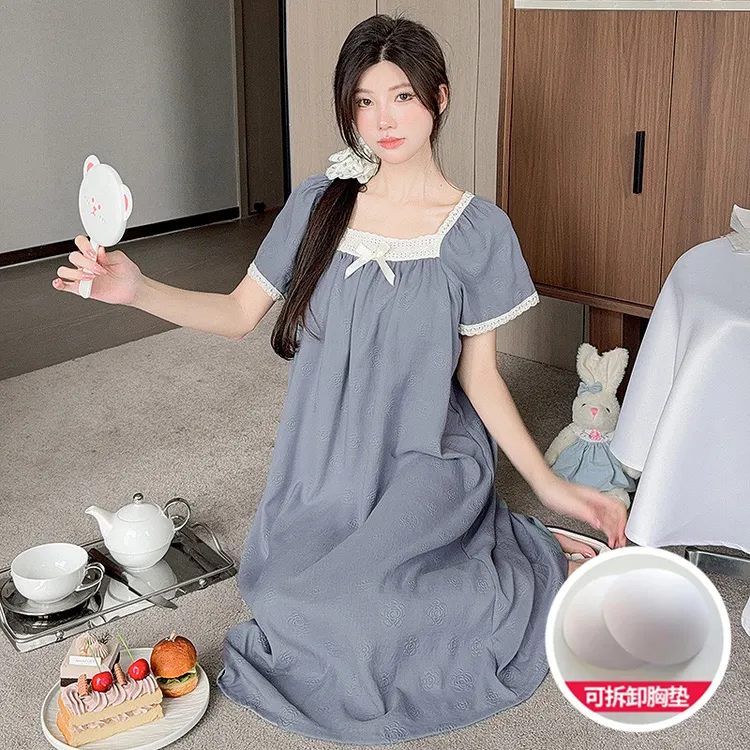新款夏季短袖睡裙女带胸垫家居服可外穿公主甜美宽松韩版高级舒适