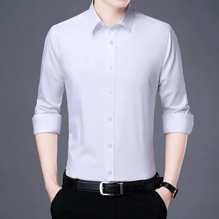 春秋季长袖男士竹纤维衬衫弹力无痕免烫商务休闲正装上衣纯色衬衣