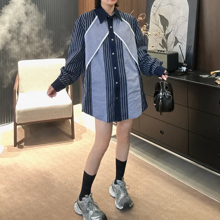 Dayuan 拼接蕾丝边格子条纹设计感衬衫502040