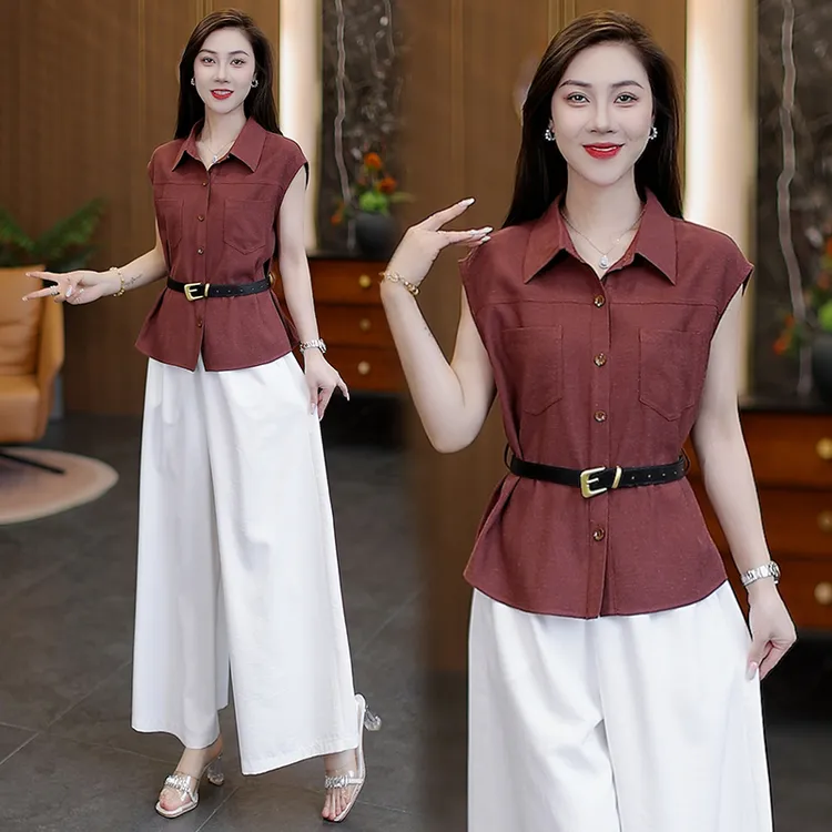 2025新款女套装时尚洋气减龄显瘦遮肉两件套无袖上衣配百搭阔腿裤