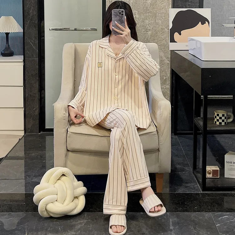 睡衣女春秋季长袖大码德绒2025新款可外穿恒温保暖竖条套装家居服