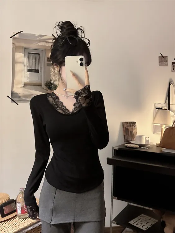 纯欲U领蕾丝花边保暖长袖T恤打底衫修身固定带胸垫显瘦女