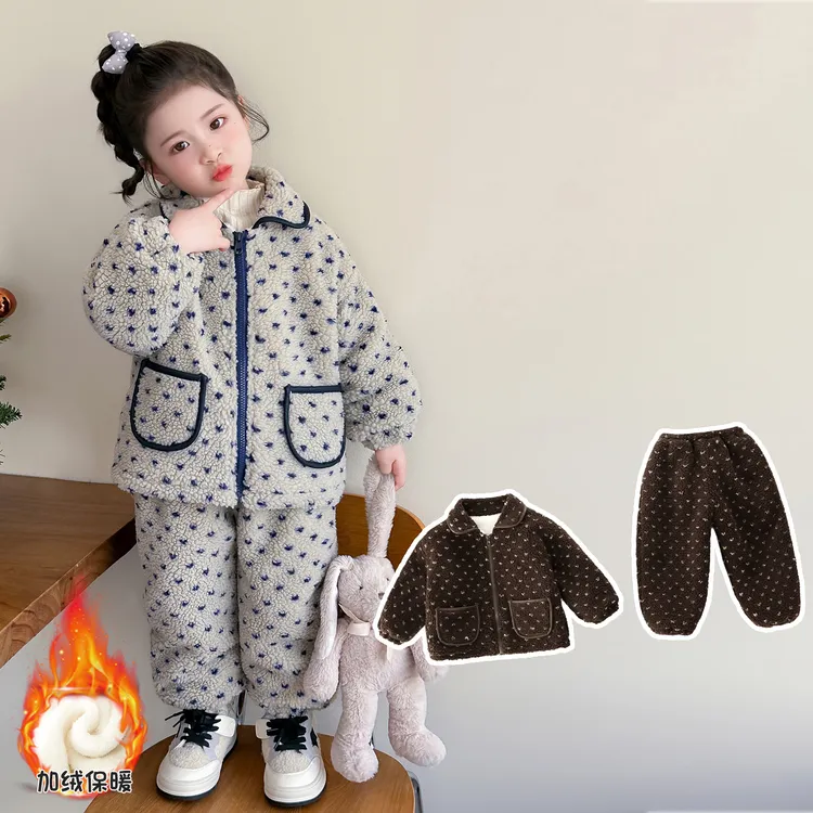 女童三层加厚套装冬季新款女孩加绒加棉韩版休闲两件套宝宝棉衣