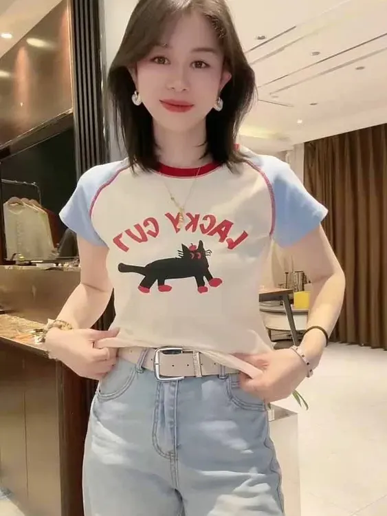 猫咪印花拼色插肩短袖t恤女2025新款夏装宽松休闲百搭高级感上衣