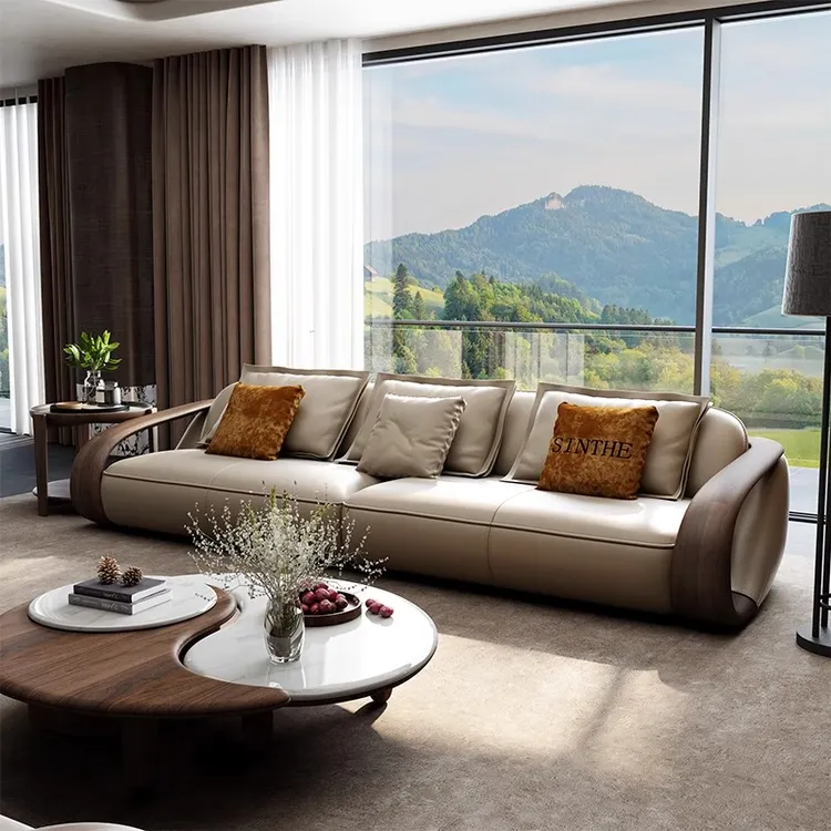 新中式北美黑胡桃木轻奢真皮沙发高端简约风别墅客厅实木沙发家具