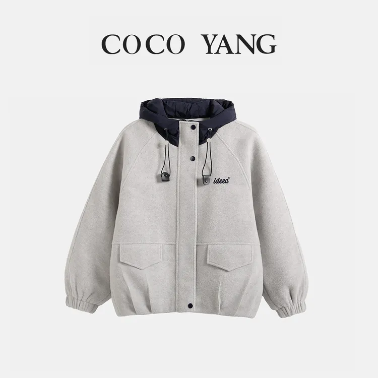 秋冬新款女大童加厚连帽呢子外套时尚休闲韩版保暖青少年装-SW171