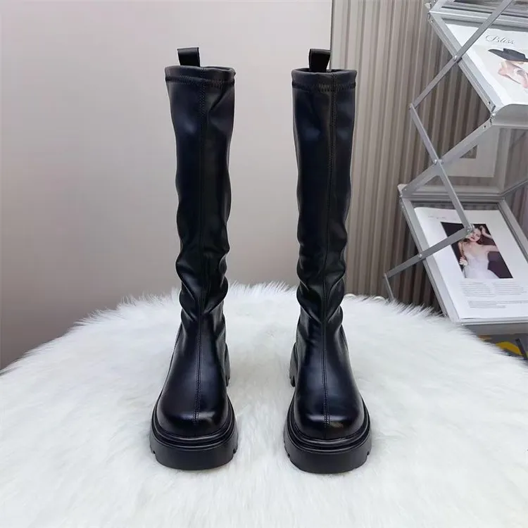 时装靴黑色厚底靴子英伦风百搭秋冬厚底长筒靴不过膝胖妹妹5公分
