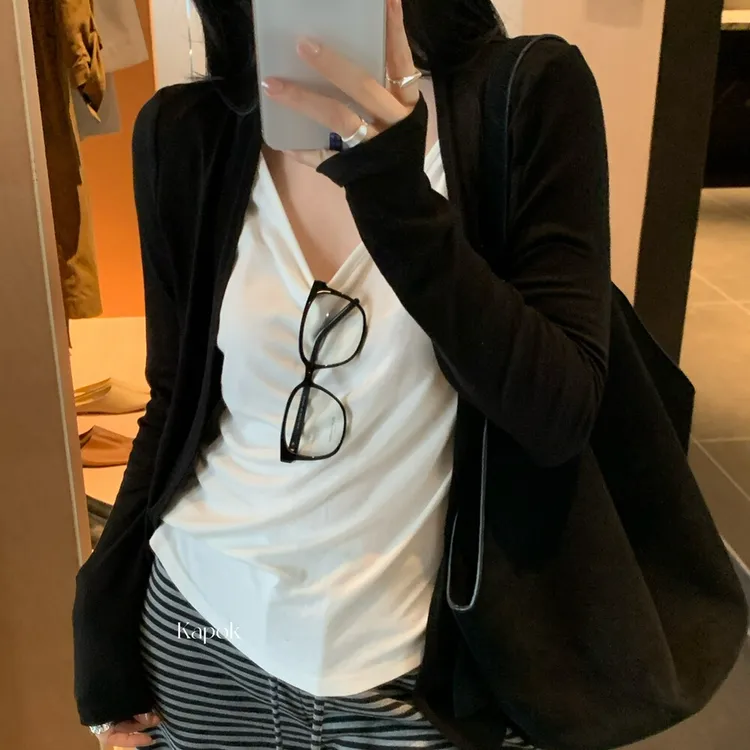 【招财堡堡专属】由子衣舍/秋撞色背心假两件上衣慵懒风外套上衣