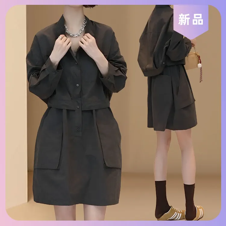 小个子连衣裙收腰显瘦女宽松春秋休闲欧货工装抽绳短裙假两件小众