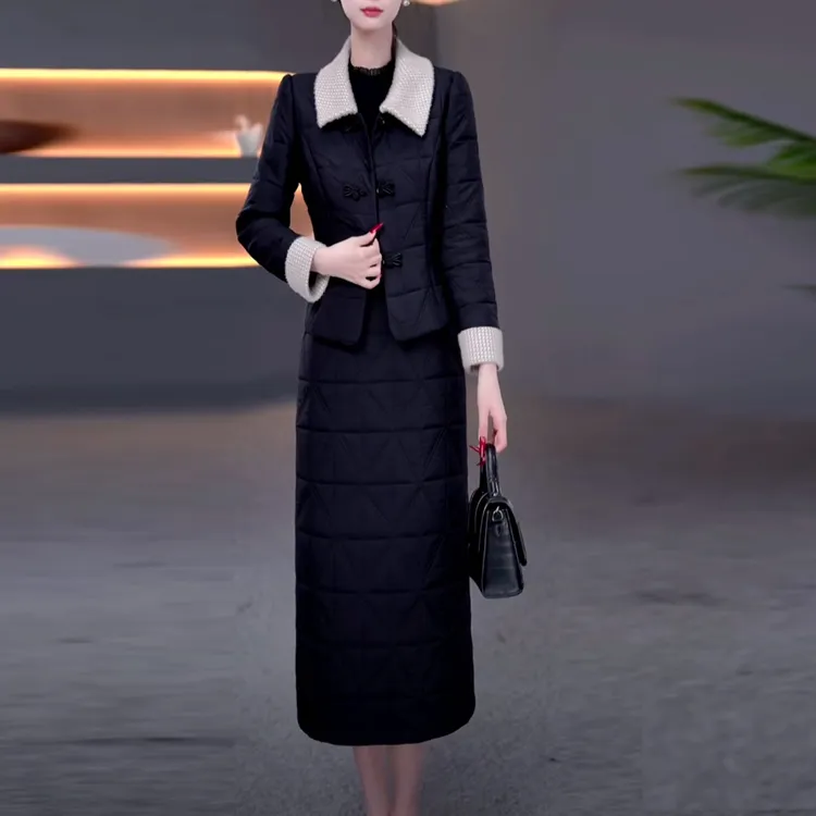 时尚新中式夹棉两件套连衣裙2025冬季新款加厚保暖夹棉外套打底裙