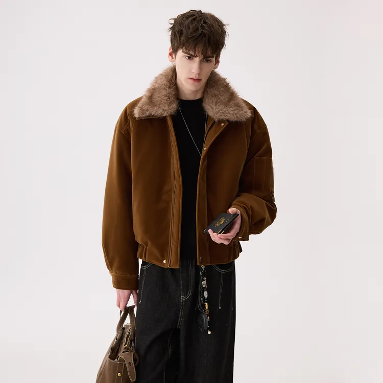 CHICERRO西西里男装高级感可拆卸毛领丝绒棉服短款时尚休闲保暖