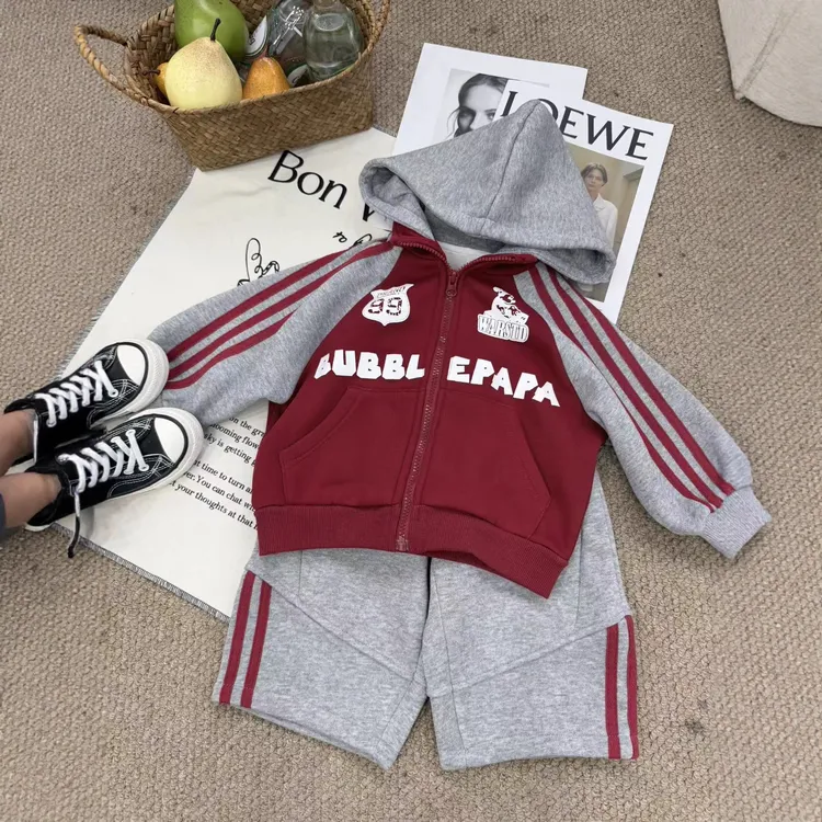 25年新款 冬季童装 加绒款连帽字母印花织带卫衣卫裤男宝宝两件套
