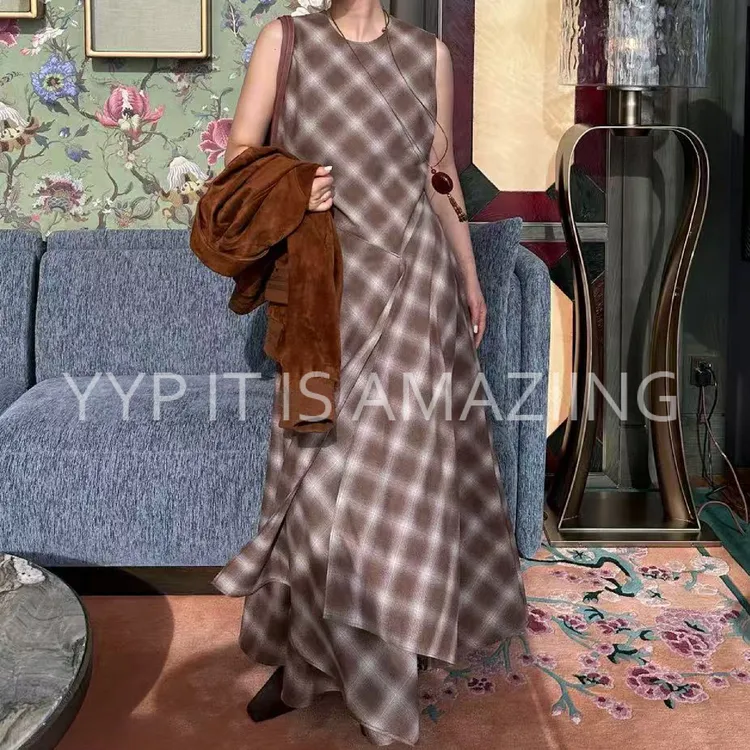 2025秋冬南油GAL老钱风打底格子长裙连衣裙气质格纹显瘦百搭复古