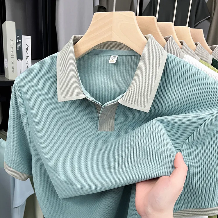 夏季新款冰丝男士t恤夏季翻领简约高级感拼色薄款透气短袖男t恤男